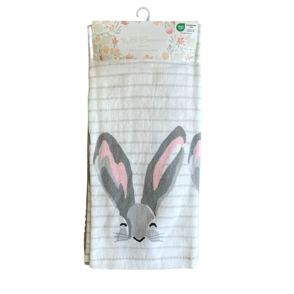 La Cuisine EASTER Bunny Cotton Kitchen Towels Set of 4 Gray & White Stripe New